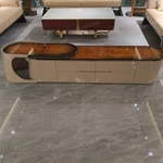 Light Luxury TV Stand with Curved Natural Wood Veneer Finish and Pull-Out Side Storage